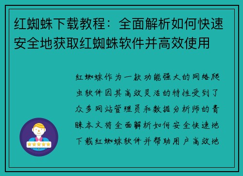红蜘蛛下载教程:全面解析如何快速安全地获取红蜘蛛软件并高效使用