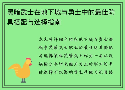 黑暗武士在地下城与勇士中的最佳防具搭配与选择指南